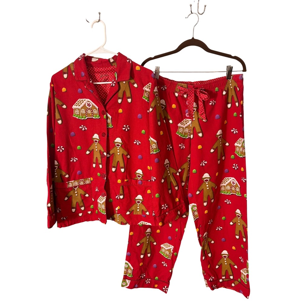 Nick & Nora Womens Red Gingerbread Man Flannel Pajama Set Cotton M Holiday Cozy